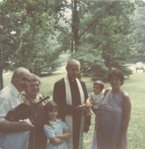Julian, Marcelle, the author, her mother and her baby sister at her baptism.