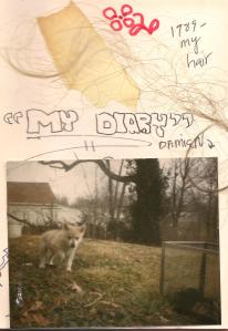 This page from the author's diary includes a photo of Damien as a puppy.