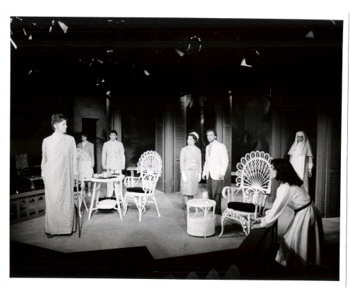 From left to right, Nancy Kaiser, Stacy Lynn Hein, David Shatraw, Lori Gunty, Hal Katzman, Nancy Caronia, and Kym Grethen in Tennessee Williams' Suddenly, Last Summer directed by Richard F. Mason.