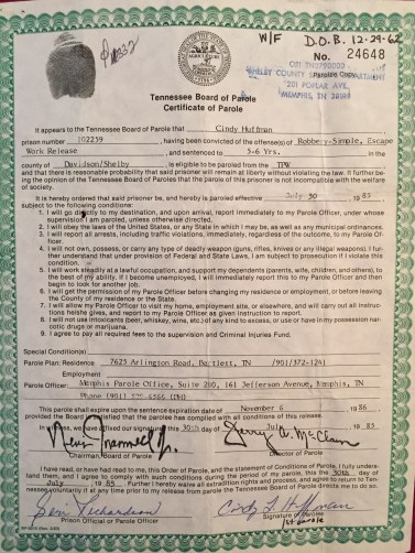 The author's parole paperwork, 1985