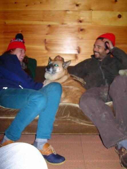 The author and Zach inside the hut.